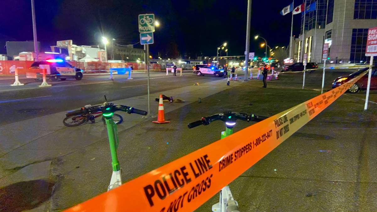 An area of 104 Avenue and 101 Street blocked off with police tape in downtown Edmonton, Alta. on Saturday, April 29, 2023.