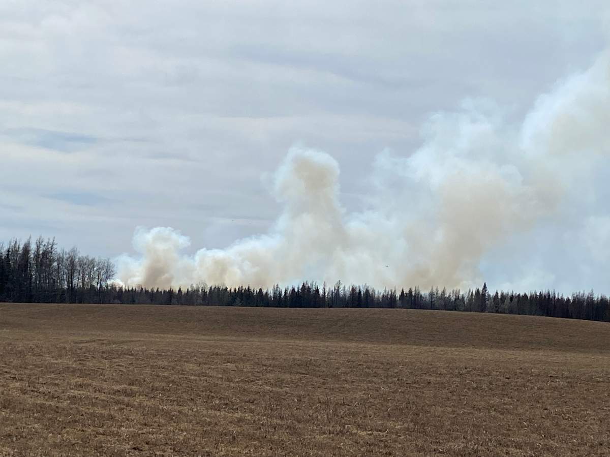 The wildfire burning near Entwistle in Parkland County was two kilometres away from town Sunday afternoon. April 30, 2023.