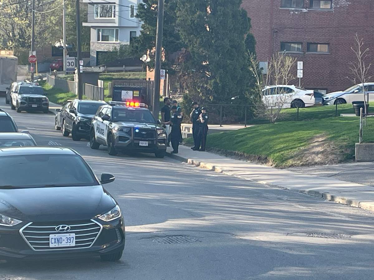 Toronto police at the scene of a shooting reported in a Toronto apartment building on April 15, 2023. Global News.