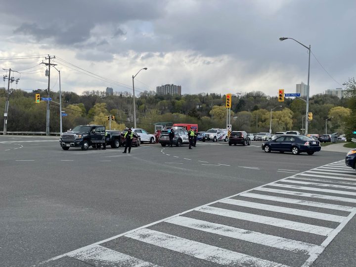 Police on the scene of a two-vehicle collision in the area of Don Mills and York Mills roads.