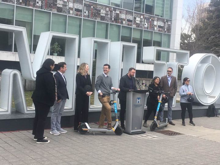 Hamilton city councillors announce the launch of the new e-scooter program at city hall.