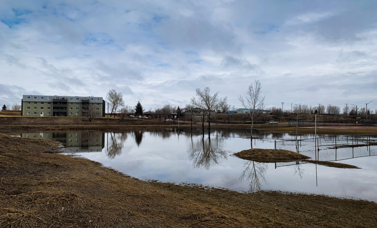 A park in Moose Jaw can be seen after flooding on April 14, 2023. 