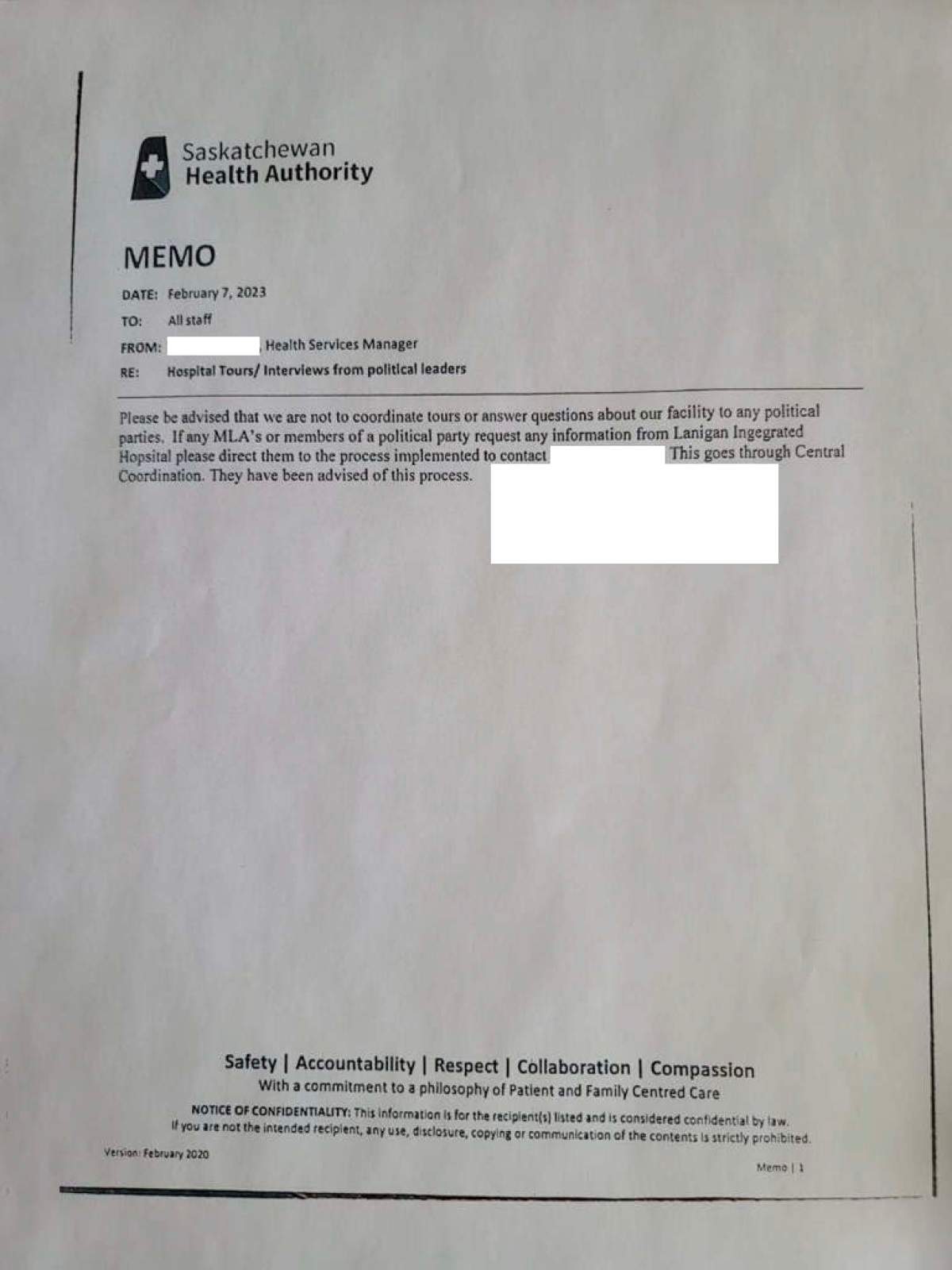 A leaked memo from the SHA telling staff to direct questions about a hospital to central co-ordination.