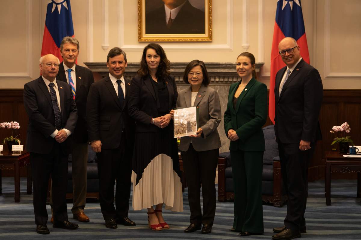 A delegation of Canadian MPs poses with Taiwanese President Tsai Ing-wen in Taipei on April 12, 2023.