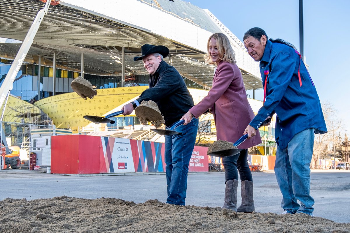 Calgary Stampede president and CEO Joel Cowley, CMLC president and CEO Kate Thompson and Desi Rider (L to R) break ground on Calgary's Stampede Trail revitalization project on April 6, 2023.