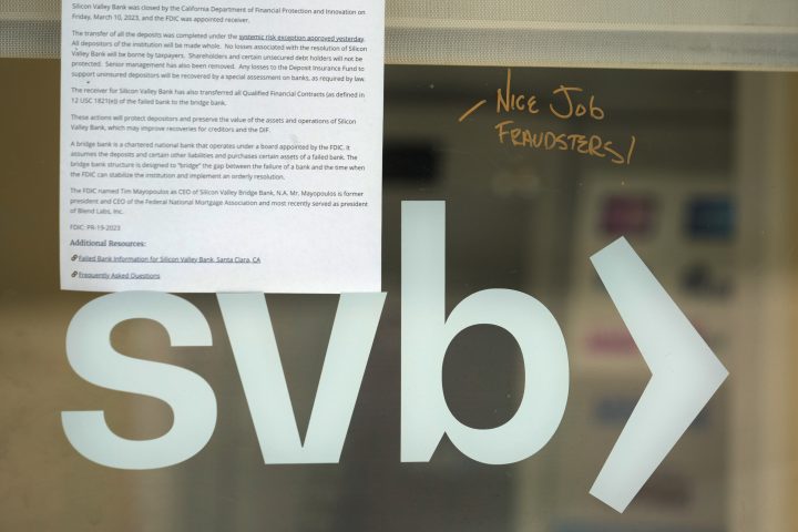 A window displaying the Silicon Valley Bank logo is shown with graffiti read "nice job fraudsters" written overtop