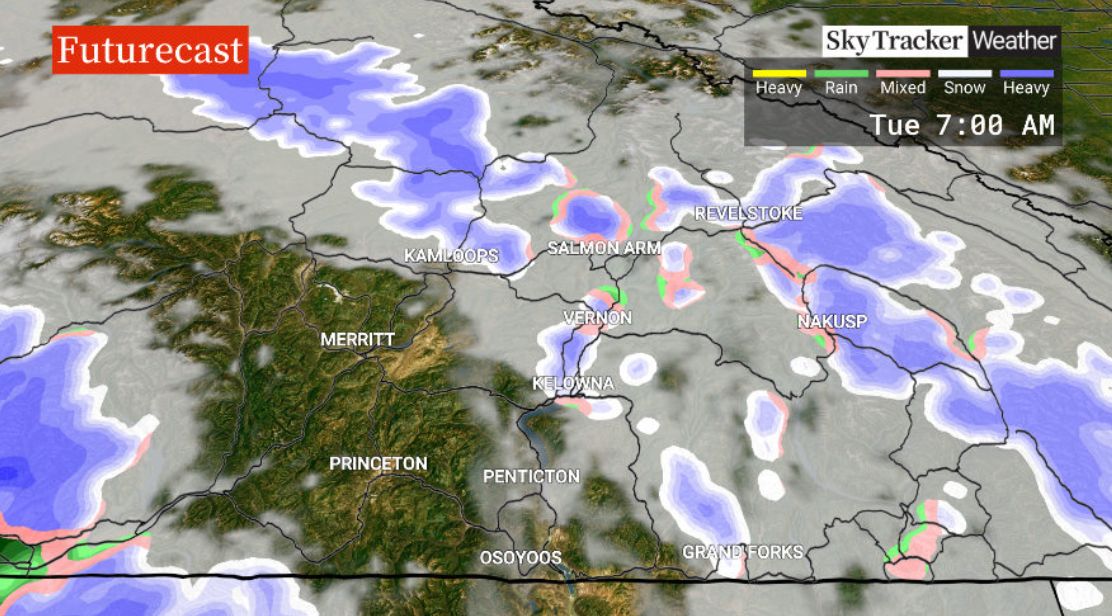 There is the risk of rain and snow Tuesday morning in the Okanagan.