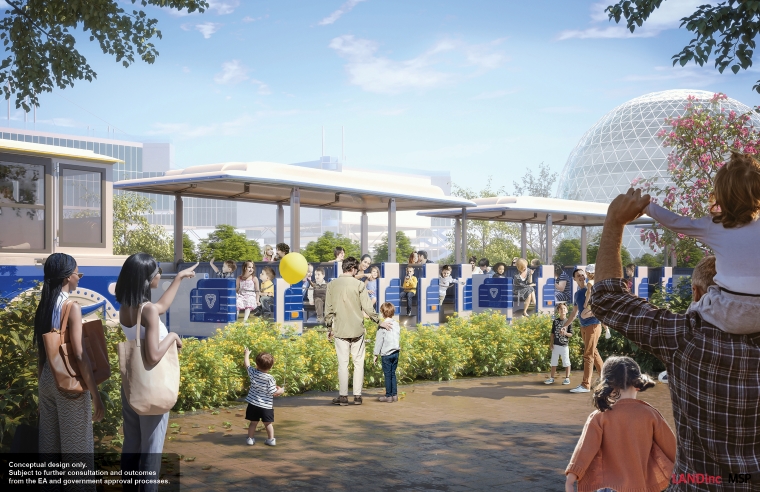 A rendering of a trolly at Ontario Place’s Mainland area.