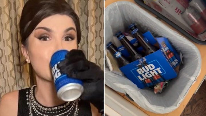 A split photo. On the left, Dylan Mulvaney drinking a can of Bud Light. On the right, Bud Light sits in the trash.