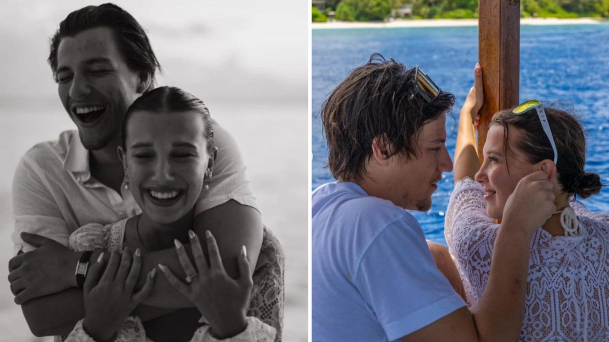 A split photo. On the left, Millie Bobby Brown wears a diamond ring as she embraced Jake Bongiovi. On the left, they stare into each other's eyes.