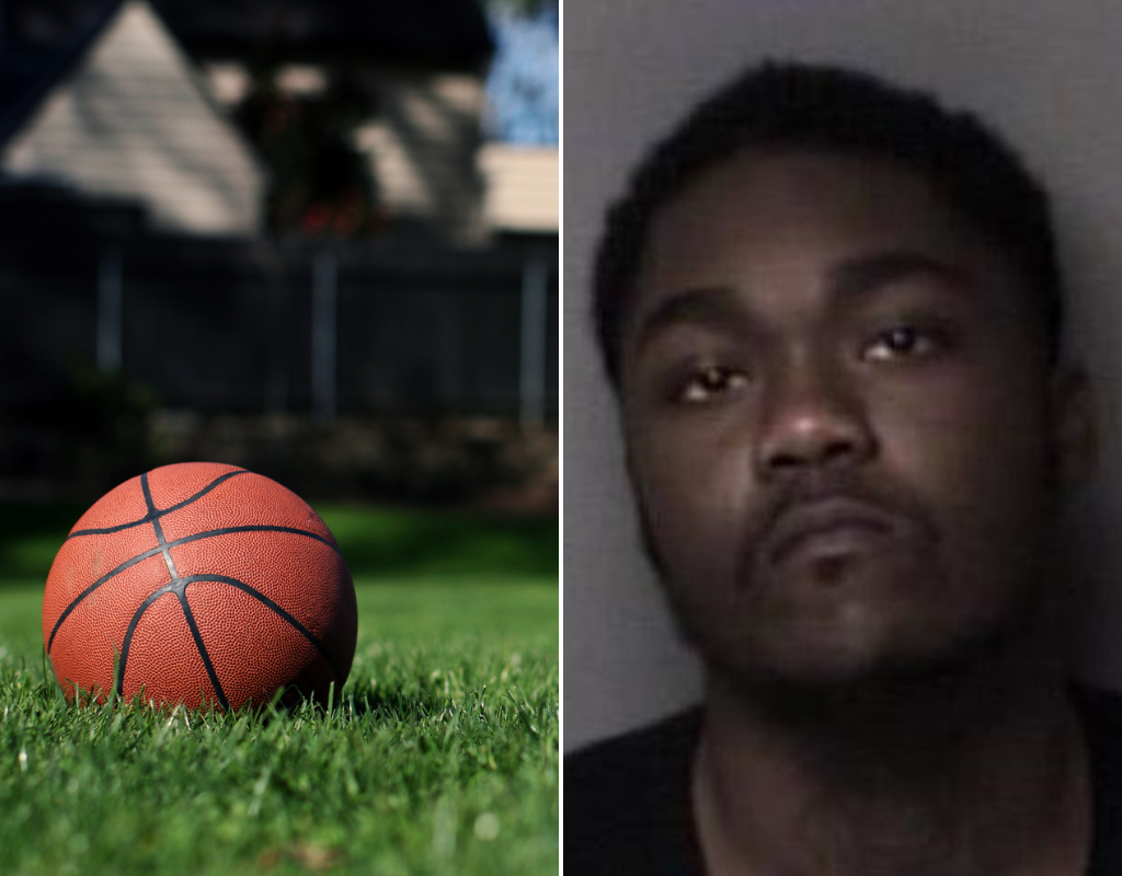 Split screen image of a basketball in a yard (L) and the mugshot of Robert Louis Singletary, accused of shooting four people after a dispute in the local neighbourhood.