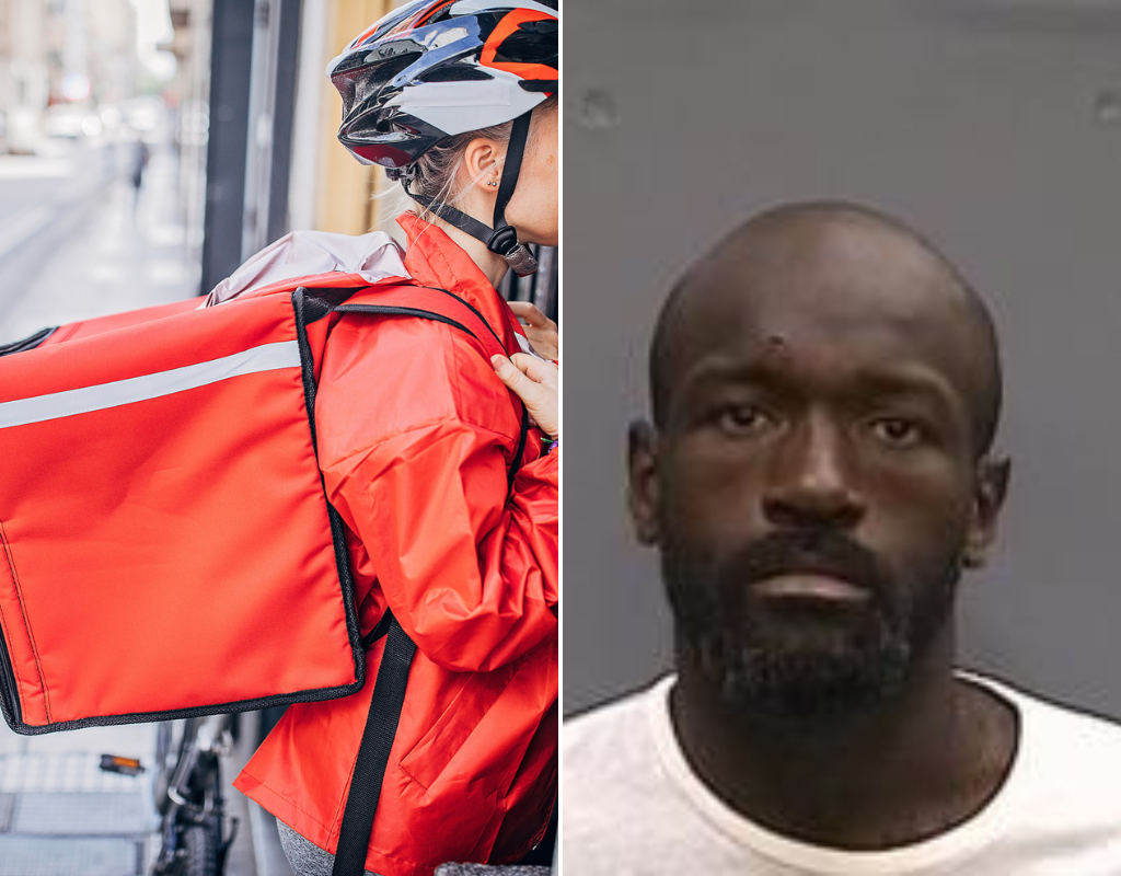 File photo a food delivery person (L) and a mugshot of Joseph Killins (R), who is accused of abducting a DoorDash driver in Tampa on April 18, 2023.