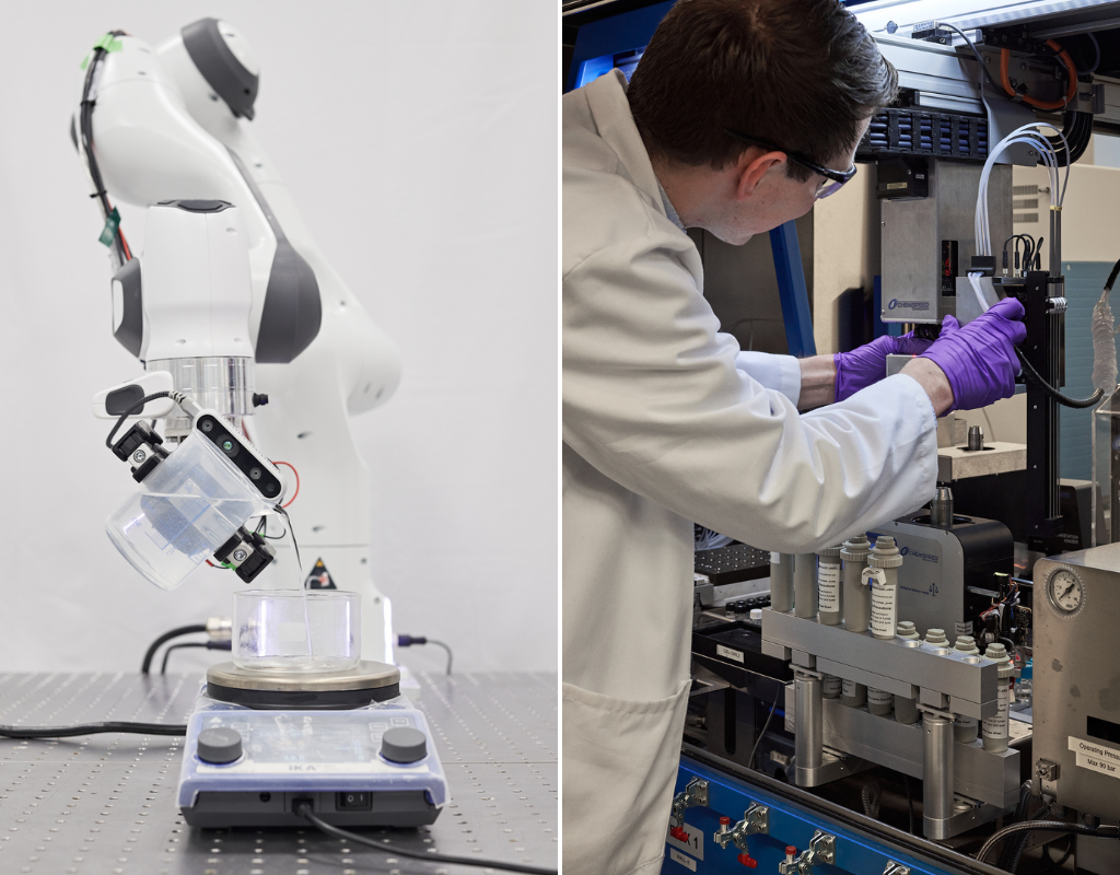 Left: The robotic arm with computer vision pours a clear liquid from a beaker into another glass container. Right: A scientist assembles a liquid dispensing tool onto the tool holder of the automated chemistry robot system.