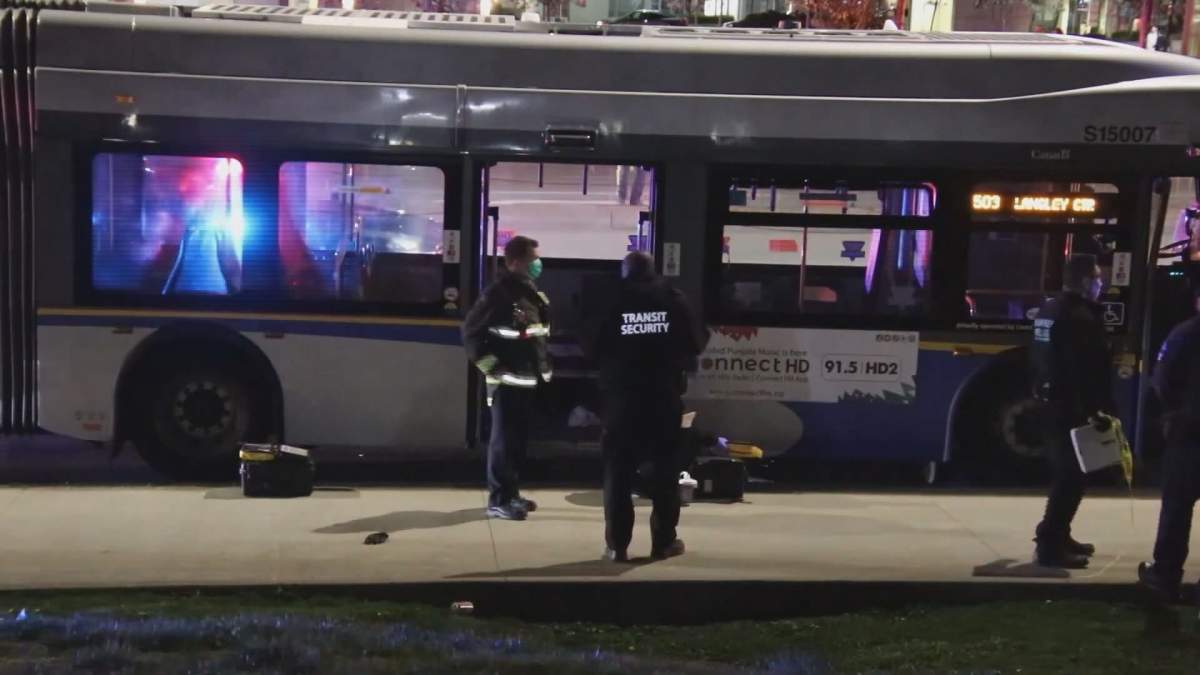 The scene of a fatal stabbing aboard a transit bus in Surrey on Tuesday, April 11, 2023.