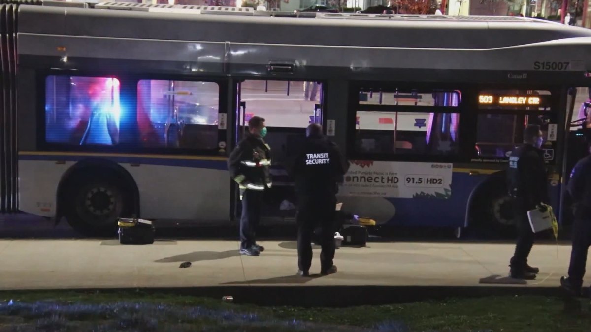 The scene of a fatal stabbing aboard a transit bus in Surrey on Tuesday night. 