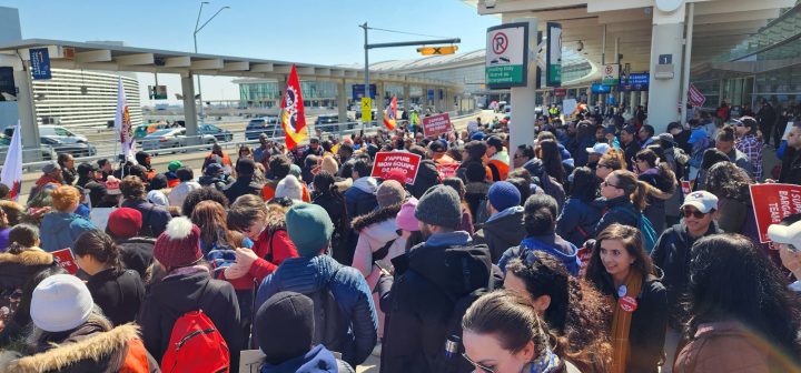 Striking PSAC members protest at Toronto Pearson International Airport on Thursday.
