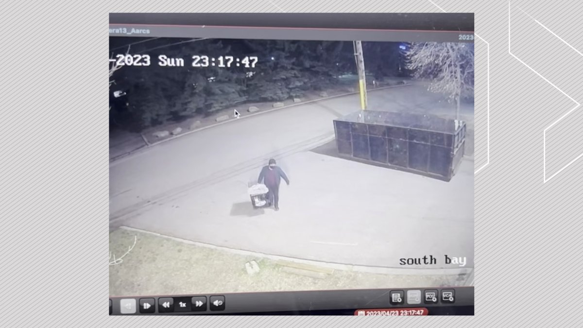 CCTV video shows a man carrying a cat in a crate towards AARCS in Calgary on April 23, 2023.