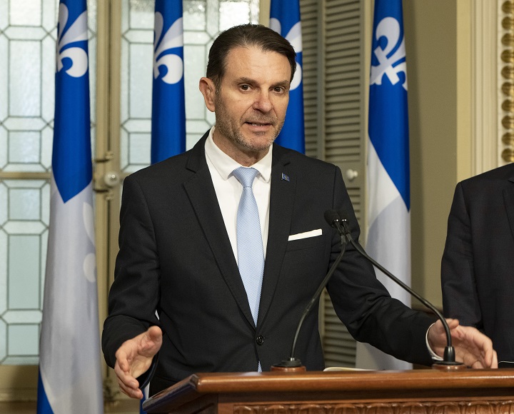 Quebec Minister of Public Security Minister François Bonnardel introduces a bill on policing practices during a news conference, Wednesday, March 15, 2023 at the legislature in Quebec City. 