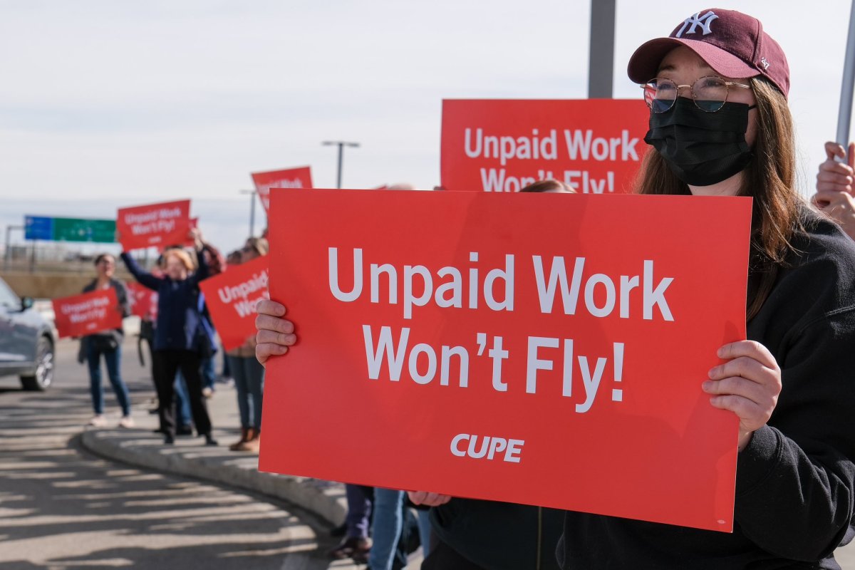 Flight attendants at an informational picket outside Calgary International Airport on April 25, 2023.