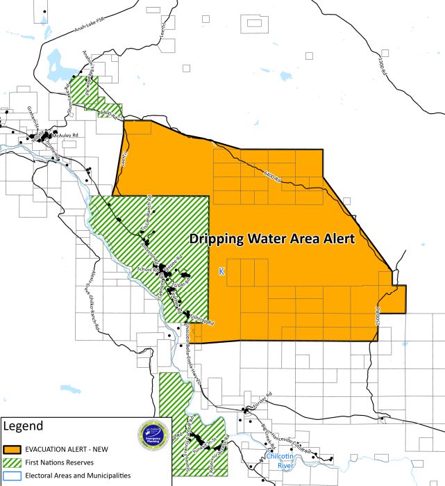 An evacuation alert has been issued by Cariboo Regional District for 46 parcels in Dripping Water Area.