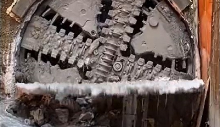 The moment tunnel-boring machine 'Elsie' broke through at Broadway-City Hall Station.