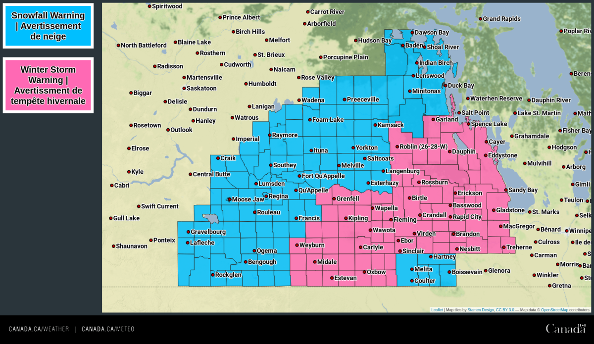 Areas in southern Manitoba under watches or warnings.