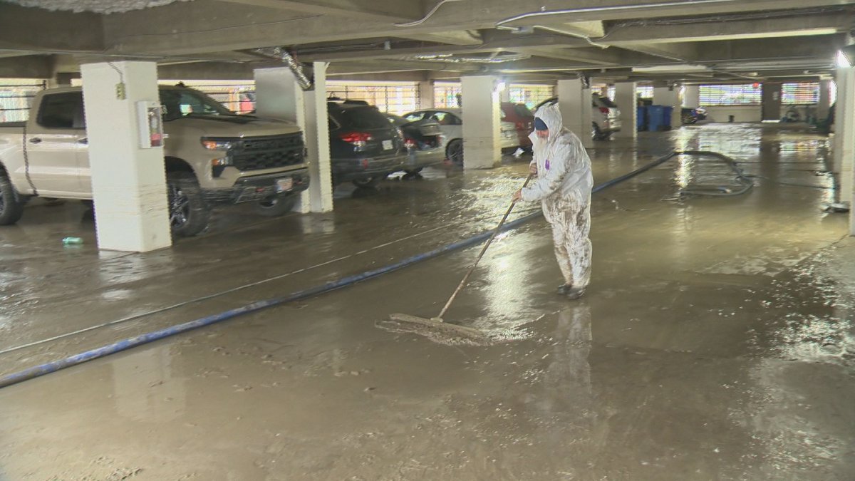 Water rushed into the parkade and lobby of a 32-unit apartment building near Highway 97 and Pandosy Street Thursday morning after a the break occurred..  .