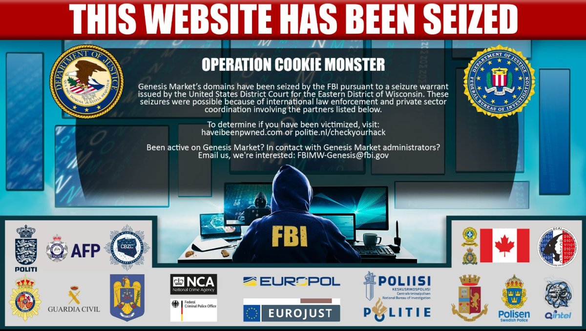 A splash page put up by the FBI. Users trying to access Genesis Market would see this page stating that the website has been seized due to Operation Cookie Monster.