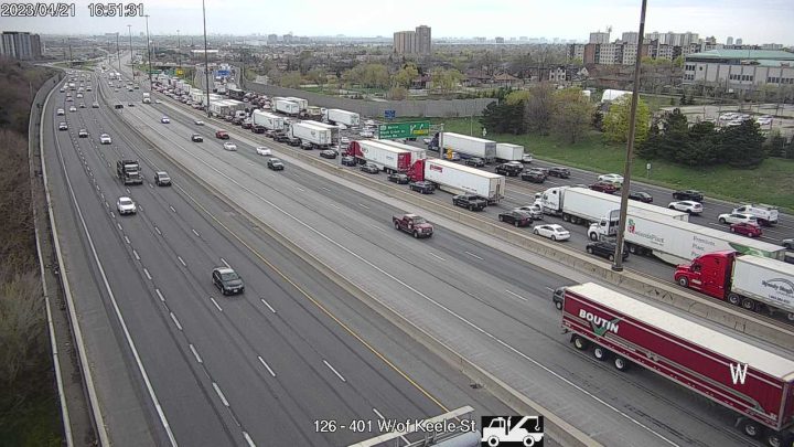 Heavy delays are seen on Highway 401 near Keele Street after police shut down the westbound express lanes for a "sudden death investigation.".