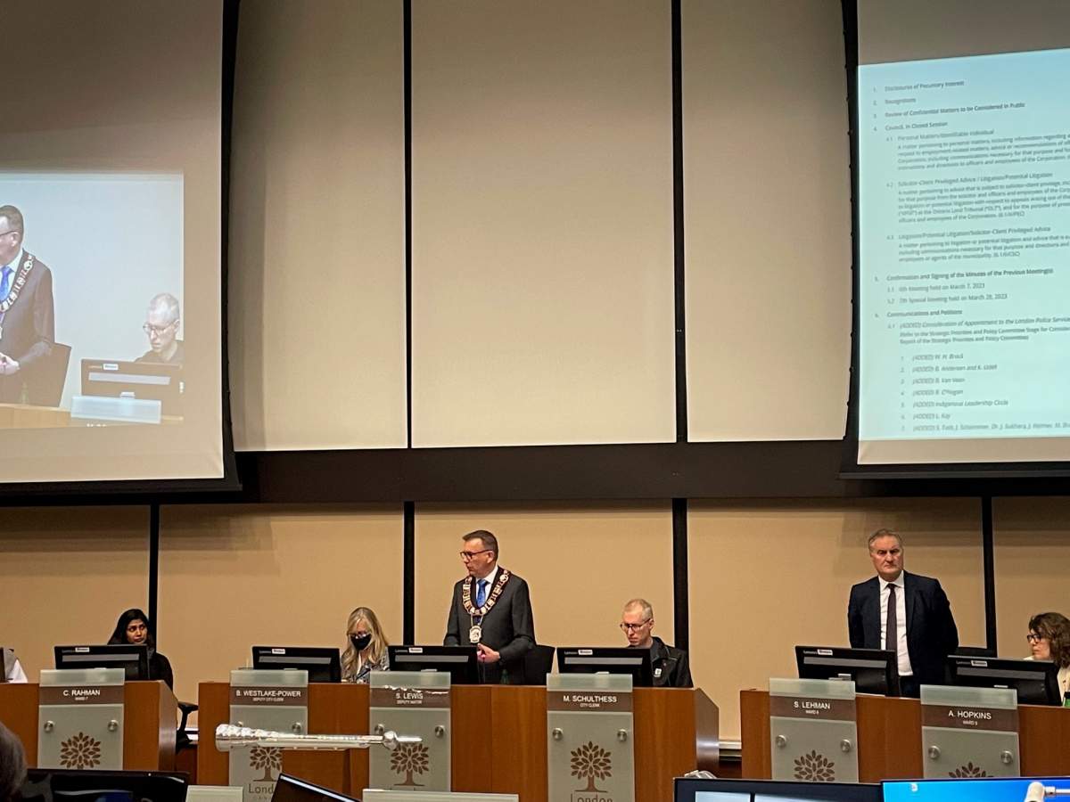 Deputy mayor Shawn Lewis chairing a meeting on April .