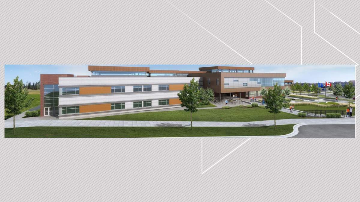 An artist rendering of the new school in north Calgary, named "North Trail High School" on April 7, 2023.
