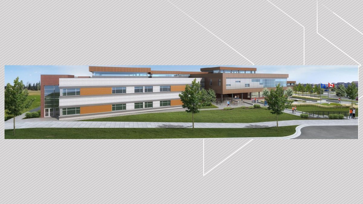 An artist rendering of the new school in north Calgary, named "North Trail High School" on April 7, 2023.