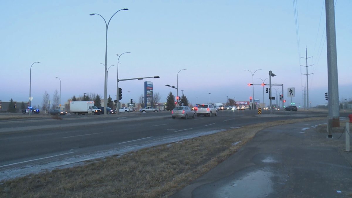 Police and EMS responded to a busy intersection in north Lethbridge on Jan. 17, 2023 after two pedestrians were hit by a vehicle.