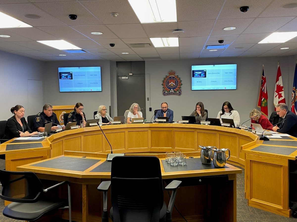 Members of the London Police Services Board and officers meeting during a board meeting on April 20, 2023.