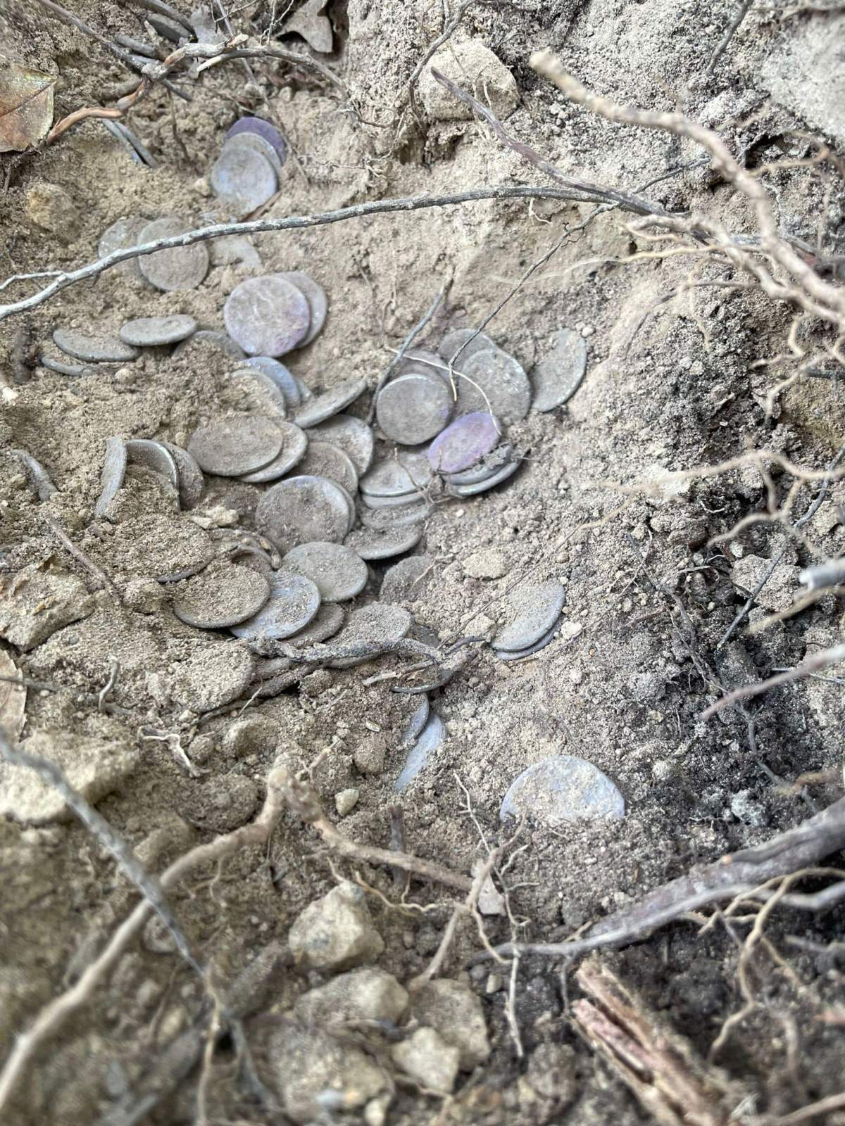 Silver coins in the dirt.