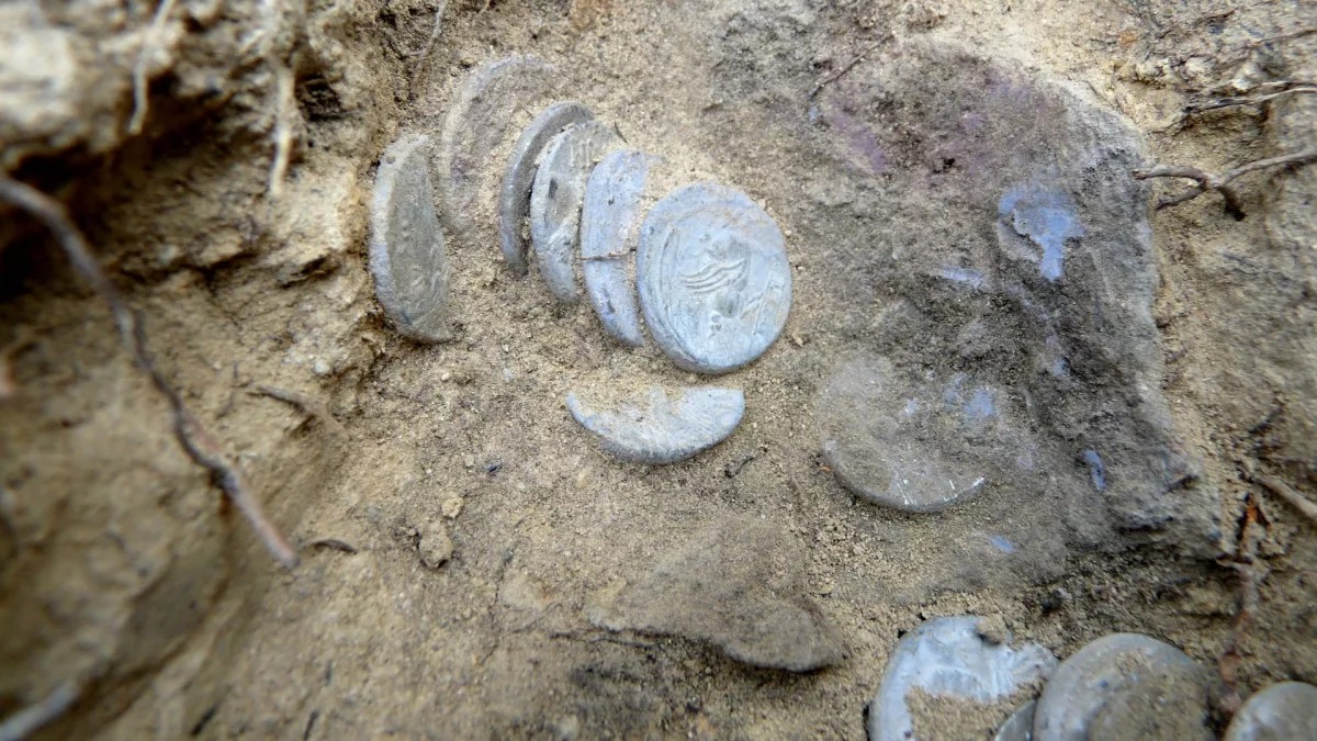 Silver coins laying in the dirt.