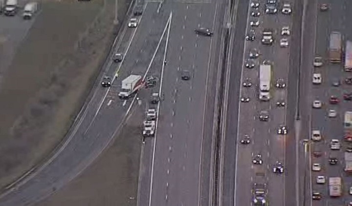 Aerial view of the crash on Highway 401 in Scarborough on April 6, 2023.
