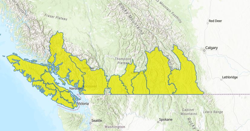 High-streamflow advisories were in effect for most of southern British Columbia on Monday. 