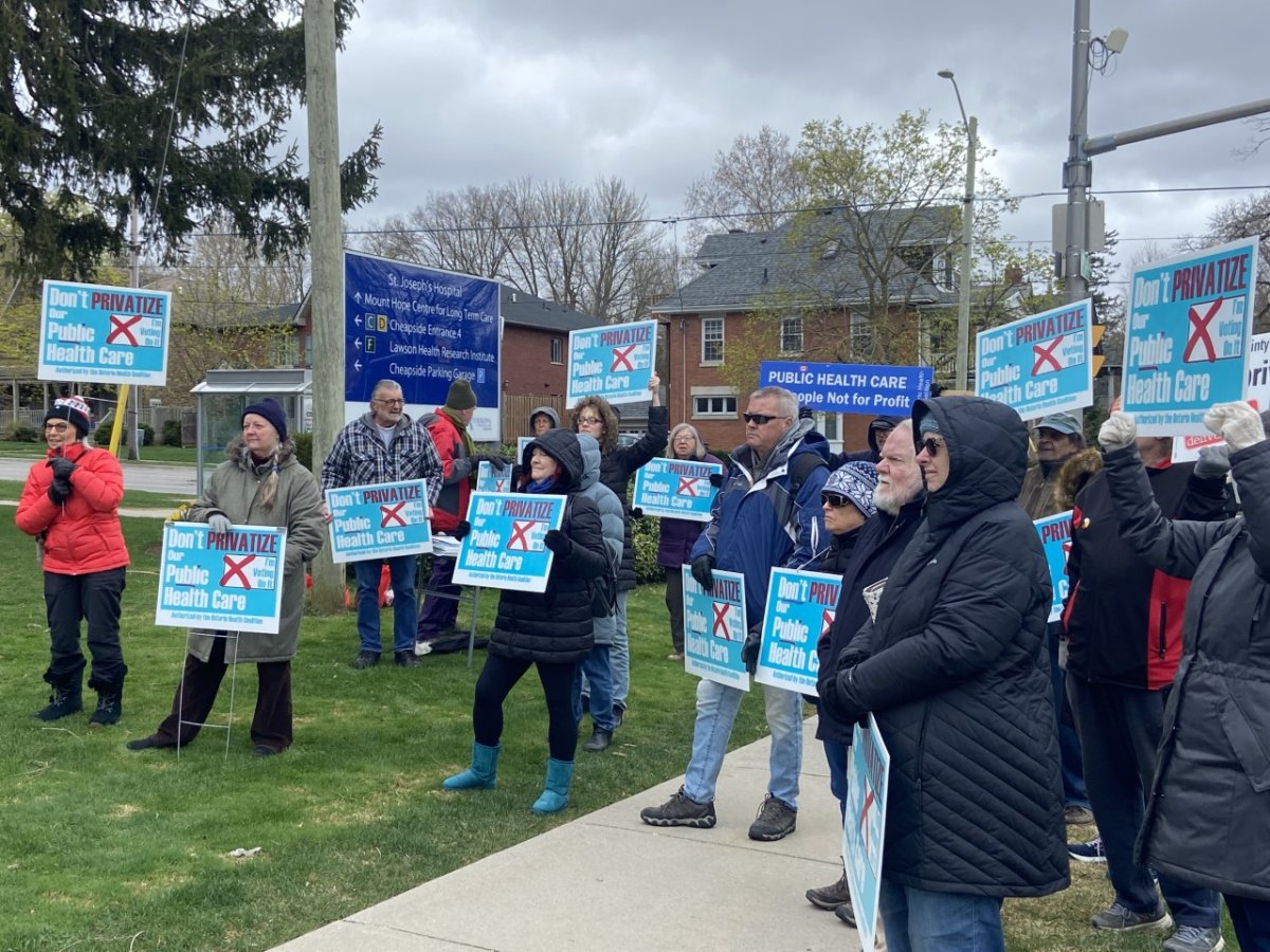 Launch events unveiling the Ontario Health Coalition's citizen-wide referendum were held across several cities Tuesday, including a rally outside St. Joseph’s Health Care in London, Ont., on Tuesday, April 18, 2023.