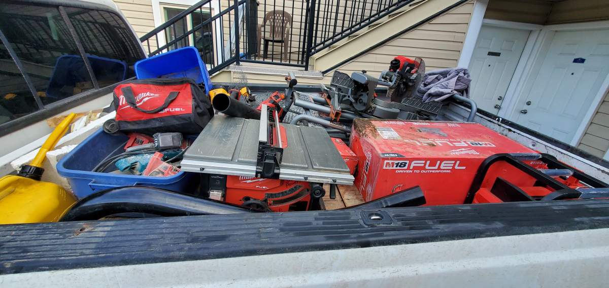 The man was taken into custody for, among other things, possession of a stolen truck, a service truck, tool trailer and tools taken from multiple locations over at least several months.  .