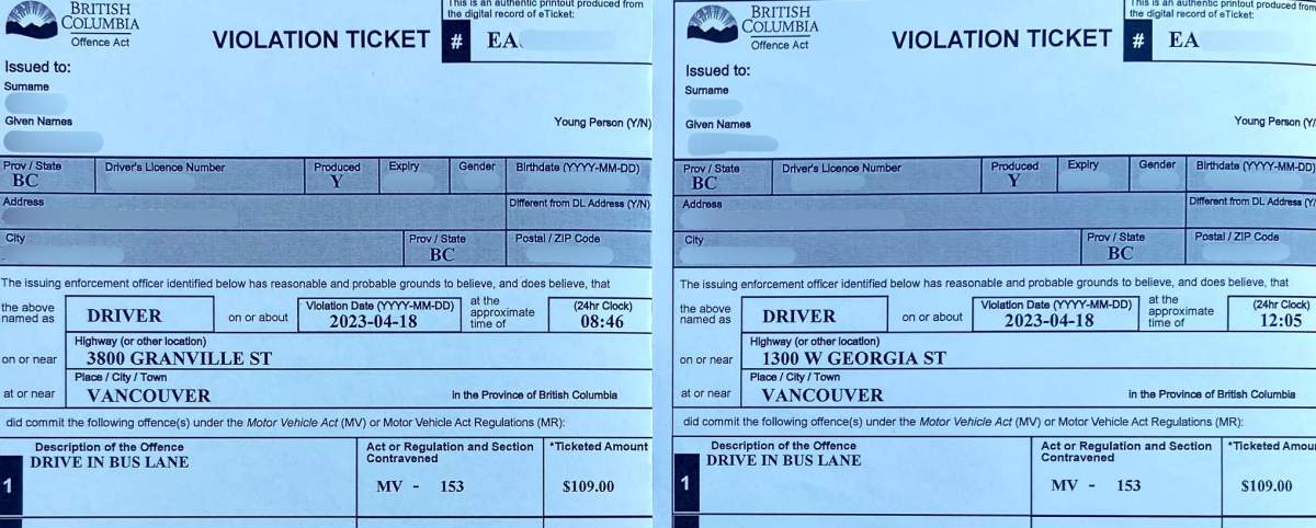 Vancouver police say the same officer caught the same driver committing the same offence twice in two hours on Tuesday. 