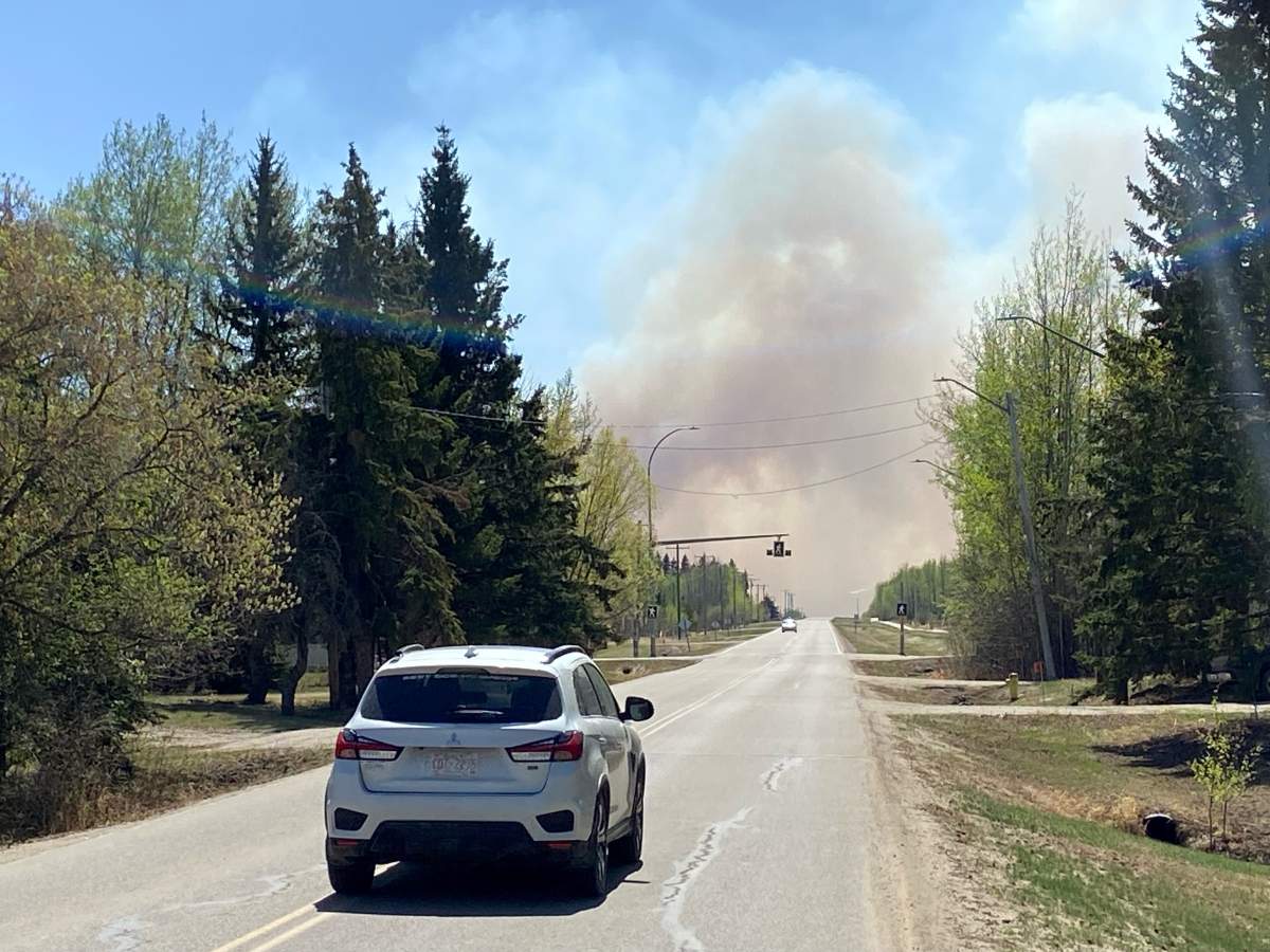 A 1,500-hectare, out-of-control wildfire burns near Drayton Valley, Alta., on May 5, 2023.