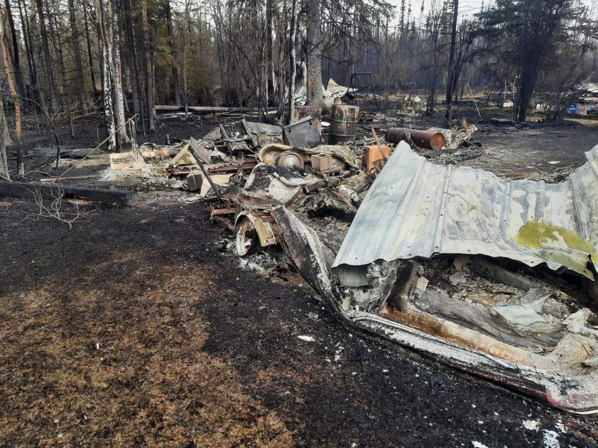 A property near Wildwood, in Yellowhead County, Alta., on Monday, May 8, 2023, destroyed by wildfires.
