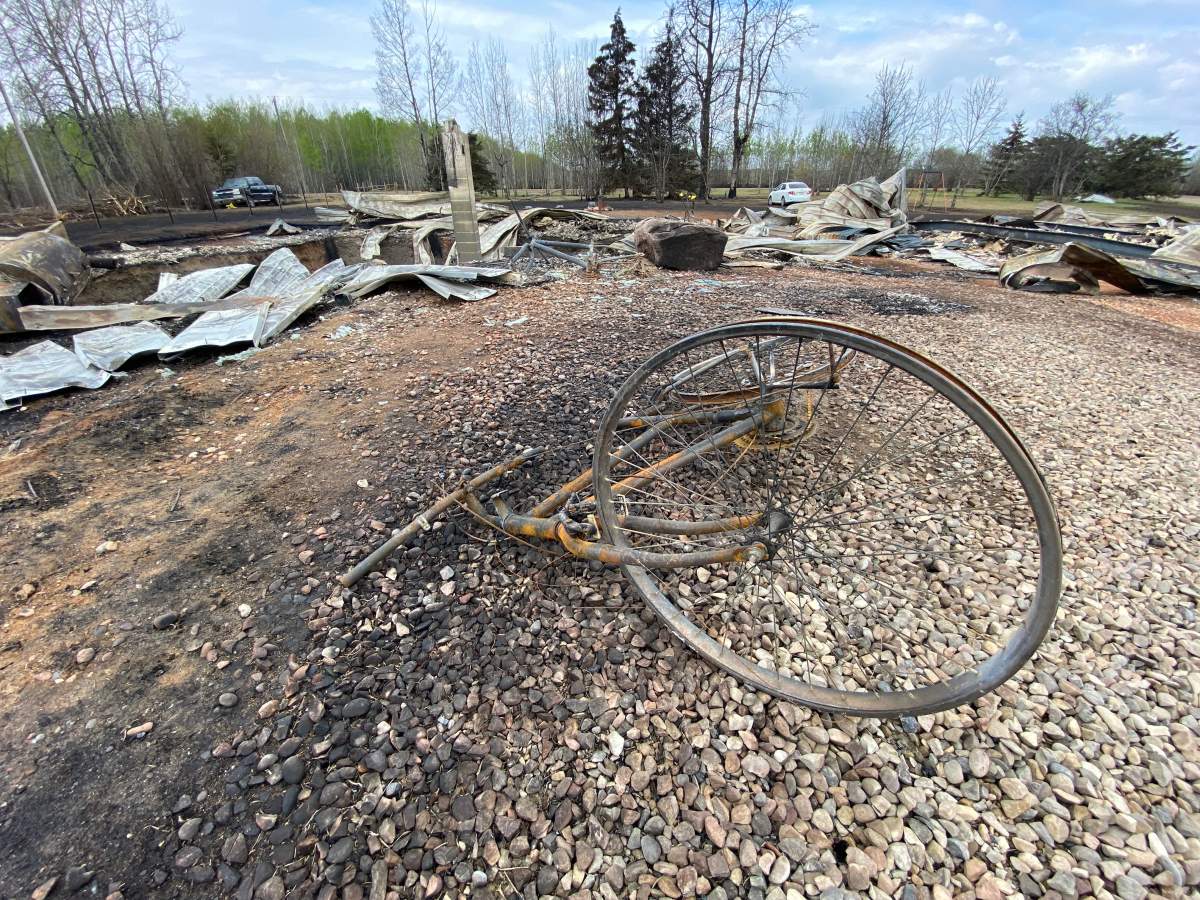 Wildfire damage near Shining Bank, in Yellowhead County, Alta., on May 8, 2023.