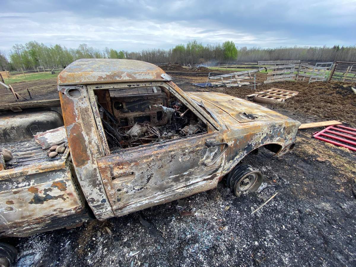 Wildfire damage near Shining Bank, in Yellowhead County, Alta., on May 8, 2023.