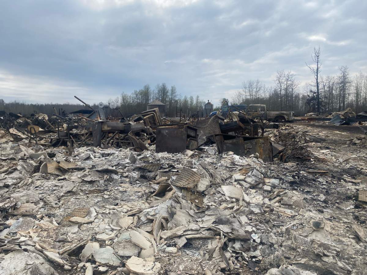 A home in Shining Bank, Alta., May 8, 2023, which was destroyed by wildfire.