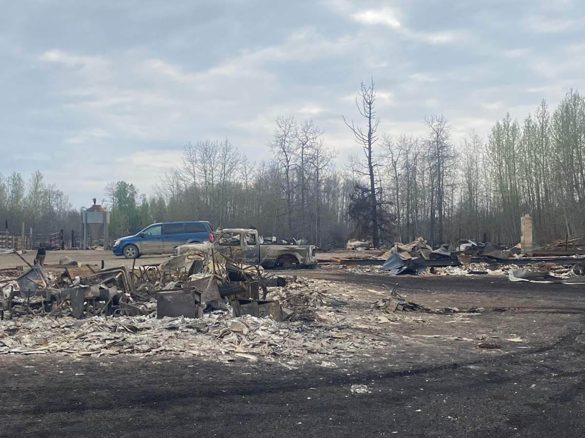 A home in Shining Bank, Alta., May 8, 2023, which was destroyed by wildfire.