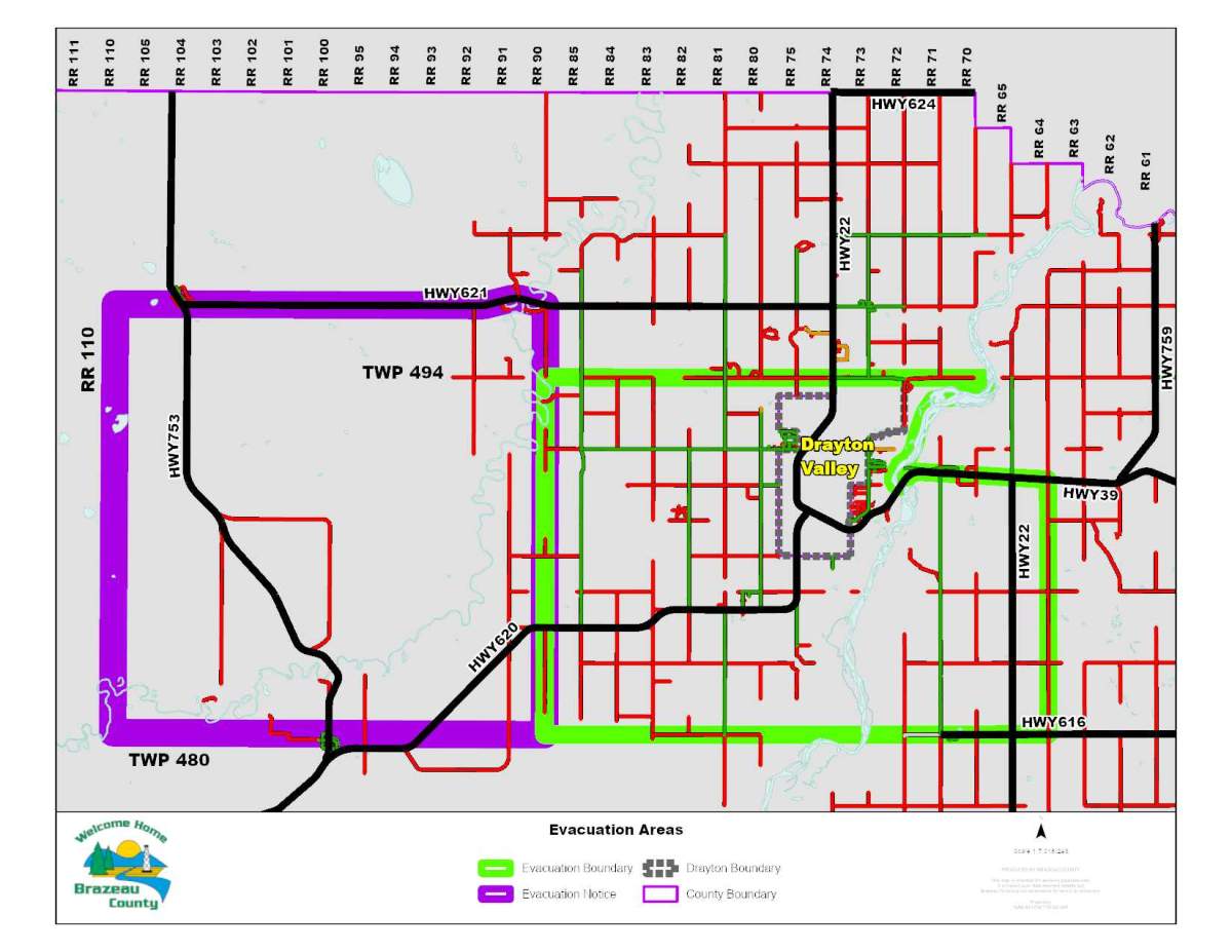 Brazeau County, Alta., evacuation zone as of May 10, 2023.