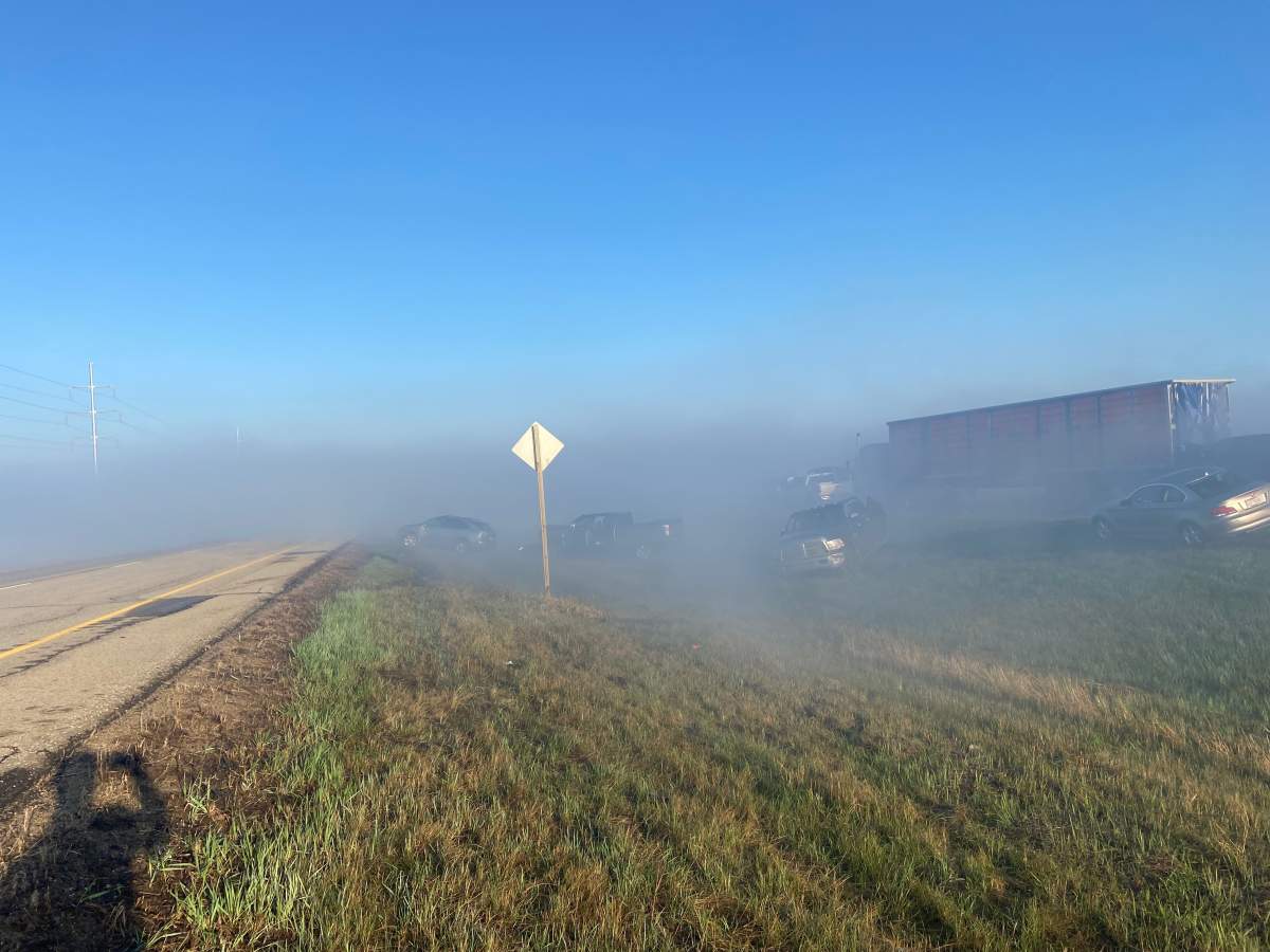 A traffic pileup on Highway 14 east of Edmonton on Friday, May 12, 2023, involved 34 vehicles, RCMP said.