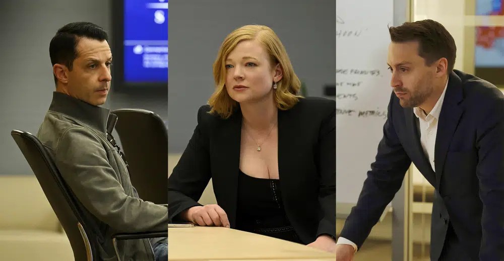 This combination of three separate photos shows Jeremy Strong as Kendall Roy, left, Sarah Snook as Shiv Roy, center, and Kieran Culkin as Roman Roy, from the HBO series "Succession."